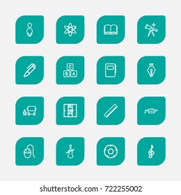 Set Of 16 Editable Science Outline Icons. Includes Symbols Such As Bookcase, A B C, Book And More. Can Be Used For Web, Mobile, UI And Infographic Design.
