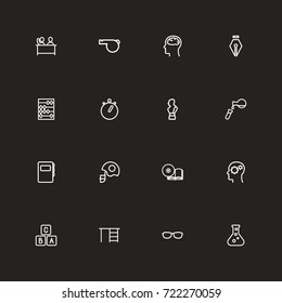 Set Of 16 Editable Science Outline Icons. Includes Symbols Such As Arithmetic, Inkpen, Desk And More. Can Be Used For Web, Mobile, UI And Infographic Design.