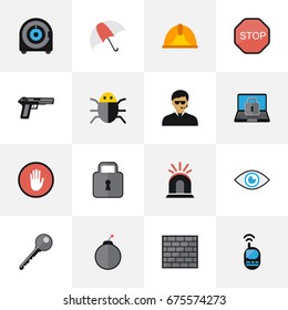 Set Of 16 Editable Security Icons. Includes Symbols Such As Hardhat, Close, Gun And More. Can Be Used For Web, Mobile, UI And Infographic Design.
