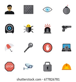 Set Of 16 Editable Security Icons. Includes Symbols Such As Alarm, Safe, Virus And More. Can Be Used For Web, Mobile, UI And Infographic Design.