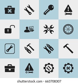 Set Of 16 Editable Service Icons. Includes Symbols Such As Fixing Equipment, Warning, Options And More. Can Be Used For Web, Mobile, UI And Infographic Design.