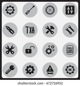 Set Of 16 Editable Service Icons. Includes Symbols Such As Spanner, Warning, Tyre And More. Can Be Used For Web, Mobile, UI And Infographic Design.