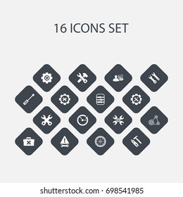 Set Of 16 Editable Service Icons. Includes Symbols Such As Tyre, Warning, Spanner And More. Can Be Used For Web, Mobile, UI And Infographic Design.
