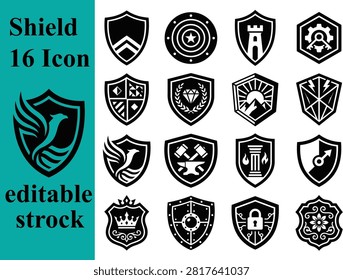 Set of 16 editable shield icons for branding and security design. Vector badges with customizable stroke for corporate and gaming logos.