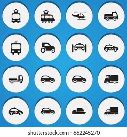 Set Of 16 Editable Shipment Icons. Includes Symbols Such As Automobile, Yacht, Cable Railway And More. Can Be Used For Web, Mobile, UI And Infographic Design.