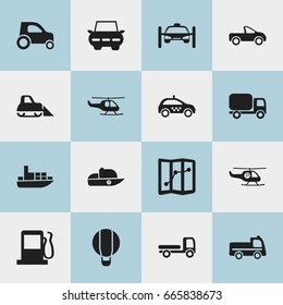 Set Of 16 Editable Shipment Icons. Includes Symbols Such As Haulage, Airship, Drophead Coupe And More. Can Be Used For Web, Mobile, UI And Infographic Design.