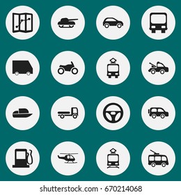 Set Of 16 Editable Shipment Icons. Includes Symbols Such As Family Jeep, Hatchback, Fuel And More. Can Be Used For Web, Mobile, UI And Infographic Design.