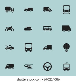 Set Of 16 Editable Shipment Icons. Includes Symbols Such As Motorbike, Airship, Van And More. Can Be Used For Web, Mobile, UI And Infographic Design.