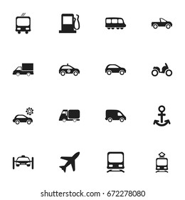 Set Of 16 Editable Shipment Icons. Includes Symbols Such As Moped, Garage, Fuel And More. Can Be Used For Web, Mobile, UI And Infographic Design.