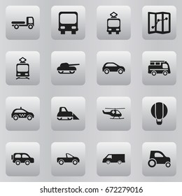 Set Of 16 Editable Shipment Icons. Includes Symbols Such As Tractor, Cab, Tramcar And More. Can Be Used For Web, Mobile, UI And Infographic Design.