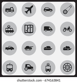 Set Of 16 Editable Shipment Icons. Includes Symbols Such As Wheel, Weapon, Cable Railway And More. Can Be Used For Web, Mobile, UI And Infographic Design.