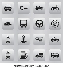 Set Of 16 Editable Shipment Icons. Includes Symbols Such As Vessel, Wheel, Drive Control And More. Can Be Used For Web, Mobile, UI And Infographic Design.