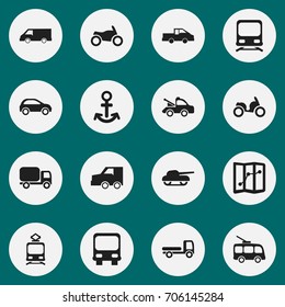 Set Of 16 Editable Shipment Icons. Includes Symbols Such As Haulage, Shipping, Tramcar And More. Can Be Used For Web, Mobile, UI And Infographic Design.