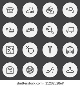 Set of 16 editable shopping icons line style. Includes symbols such as ribbon, suspender, grocery and more. Can be used for web, mobile, UI and infographic design.