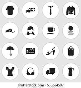 Set Of 16 Editable Shopping Icons. Includes Symbols Such As Brassiere, Purse, Saucer And More. Can Be Used For Web, Mobile, UI And Infographic Design.