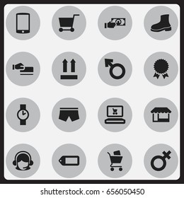 Set Of 16 Editable Shopping Icons. Includes Symbols Such As Medal, O Clock, Grocery And More. Can Be Used For Web, Mobile, UI And Infographic Design.