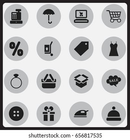 Set Of 16 Editable Shopping Icons. Includes Symbols Such As Rebate, Sewing, Jewelry And More. Can Be Used For Web, Mobile, UI And Infographic Design.