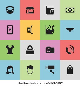 Set Of 16 Editable Shopping Icons. Includes Symbols Such As Billfold, Vest, Male Aspect And More. Can Be Used For Web, Mobile, UI And Infographic Design.