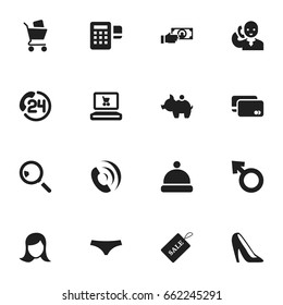 Set Of 16 Editable Shopping Icons. Includes Symbols Such As Boy Symbol, Stiletto, Trunks And More. Can Be Used For Web, Mobile, UI And Infographic Design.