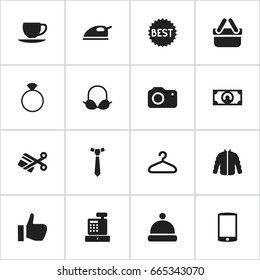 Set Of 16 Editable Shopping Icons. Includes Symbols Such As Headgear, Necktie, Cash Drawer And More. Can Be Used For Web, Mobile, UI And Infographic Design.