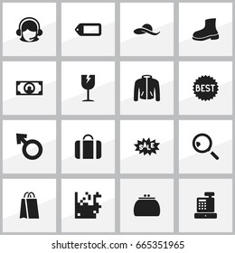 Set Of 16 Editable Shopping Icons. Includes Symbols Such As Attache Case, Label, Package And More. Can Be Used For Web, Mobile, UI And Infographic Design.