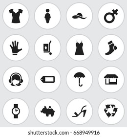 Set Of 16 Editable Shopping Icons. Includes Symbols Such As Fingers, Gingham, O Clock And More. Can Be Used For Web, Mobile, UI And Infographic Design.