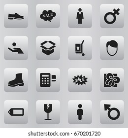 Set Of 16 Editable Shopping Icons. Includes Symbols Such As Job Person, Investment, Ribbon And More. Can Be Used For Web, Mobile, UI And Infographic Design.