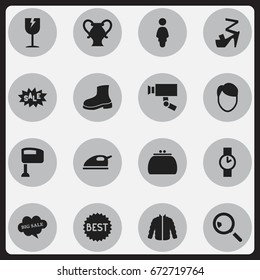 Set Of 16 Editable Shopping Icons. Includes Symbols Such As Hairstyle, Boot, Discount Tag And More. Can Be Used For Web, Mobile, UI And Infographic Design.