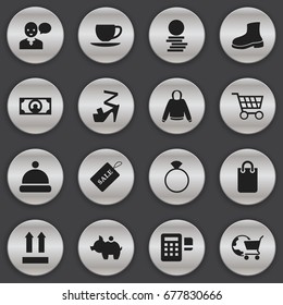 Set Of 16 Editable Shopping Icons. Includes Symbols Such As Purse, Hard Money, Boot And More. Can Be Used For Web, Mobile, UI And Infographic Design.
