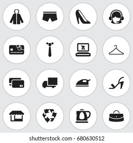 Set Of 16 Editable Shopping Icons. Includes Symbols Such As Reticule, Hanger, Credit Card And More. Can Be Used For Web, Mobile, UI And Infographic Design.