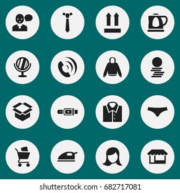 Set Of 16 Editable Shopping Icons. Includes Symbols Such As Talking Male, Looking-Glass, Blouse And More. Can Be Used For Web, Mobile, UI And Infographic Design.