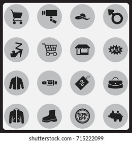Set Of 16 Editable Shopping Icons. Includes Symbols Such As Stiletto, Grocery, Guard Camera And More. Can Be Used For Web, Mobile, UI And Infographic Design.