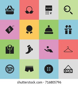 Set Of 16 Editable Shopping Icons. Includes Symbols Such As Sewing, Headgear, Present  Box And More. Can Be Used For Web, Mobile, UI And Infographic Design.