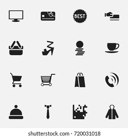 Set Of 16 Editable Shopping Icons. Includes Symbols Such As Pushcart, Shopping Case, Necktie And More. Can Be Used For Web, Mobile, UI And Infographic Design.