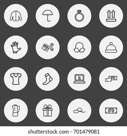 Set Of 16 Editable Shopping Outline Icons. Includes Symbols Such As Giving Money, Cutting, Woman T-Shirt And More. Can Be Used For Web, Mobile, UI And Infographic Design.