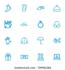 Set Of 16 Editable Shopping Outline Icons. Includes Symbols Such As Jewel, Pompom, Bra And More. Can Be Used For Web, Mobile, UI And Infographic Design.