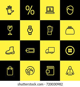 Set Of 16 Editable Shopping Outline Icons. Includes Symbols Such As Button, Handbag, Mitten. Can Be Used For Web, Mobile, UI And Infographic Design.