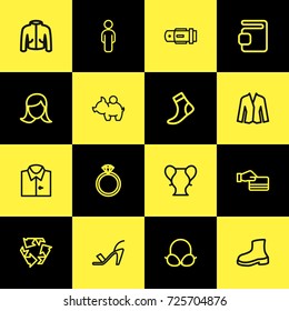 Set Of 16 Editable Shopping Outline Icons. Includes Symbols Such As Coat, Woman Jacket, Belt And More. Can Be Used For Web, Mobile, UI And Infographic Design.