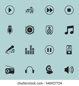 Set Of 16 Editable Song Icons. Includes Symbols Such As Musical Sign, Phonograph, Sound And More. Can Be Used For Web, Mobile, UI And Infographic Design.