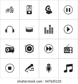 Set Of 16 Editable Song Icons. Includes Symbols Such As Start Audio, Earphone, Cassette Player And More. Can Be Used For Web, Mobile, UI And Infographic Design.