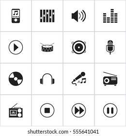 Set Of 16 Editable Song Icons. Includes Symbols Such As Equalizer, Disc, Bar Wave And More. Can Be Used For Web, Mobile, UI And Infographic Design.