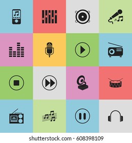 Set Of 16 Editable Song Icons. Includes Symbols Such As Microphone, Rewind, Music Phone And More. Can Be Used For Web, Mobile, UI And Infographic Design.