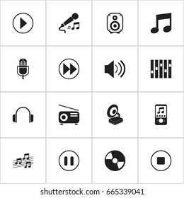 Set Of 16 Editable Song Icons. Includes Symbols Such As Music Phone, Equalizer, Earphone And More. Can Be Used For Web, Mobile, UI And Infographic Design.
