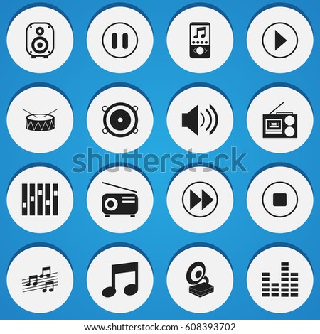 Set Of 16 Editable Song Icons. Includes Symbols Such As Music Phone, Cassette Player, Media Fm And More. Can Be Used For Web, Mobile, UI And Infographic Design.
