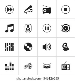 Set Of 16 Editable Sound Icons. Includes Symbols Such As Bass Speakers, Stop, Break Music And More. Can Be Used For Web, Mobile, UI And Infographic Design.