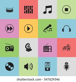 Set Of 16 Editable Sound Icons. Includes Symbols Such As Phonograph, Music Phone, Sound And More. Can Be Used For Web, Mobile, UI And Infographic Design.