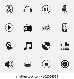 Set Of 16 Editable Sound Icons. Includes Symbols Such As Phonograph, Stop, Snare And More. Can Be Used For Web, Mobile, UI And Infographic Design.
