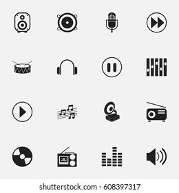Set Of 16 Editable Sound Icons. Includes Symbols Such As Bar Wave, Start Audio, Speaker And More. Can Be Used For Web, Mobile, UI And Infographic Design.
