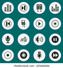 Set Of 16 Editable Sound Icons. Includes Symbols Such As Music Speaker, Musical Sign, Musical Gadget And More. Can Be Used For Web, Mobile, UI And Infographic Design.