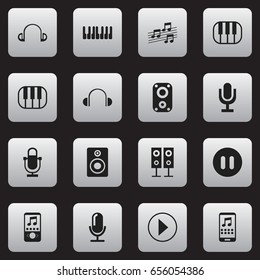 Set Of 16 Editable Sound Icons. Includes Symbols Such As Volume Speaker, Synthesizer, Mike And More. Can Be Used For Web, Mobile, UI And Infographic Design.